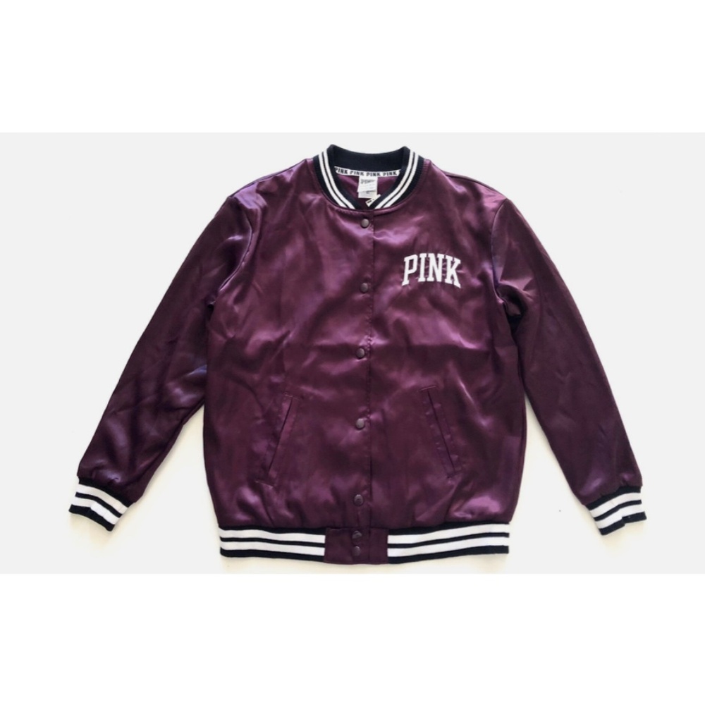 PINK Victorias Secret Nwt Black Orchid Satin Logo Snap Bomber Jacket XS - Picture 3 of 3
